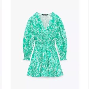 Zara Green Leaf Print Pattern Long Sleeve Mini Dress